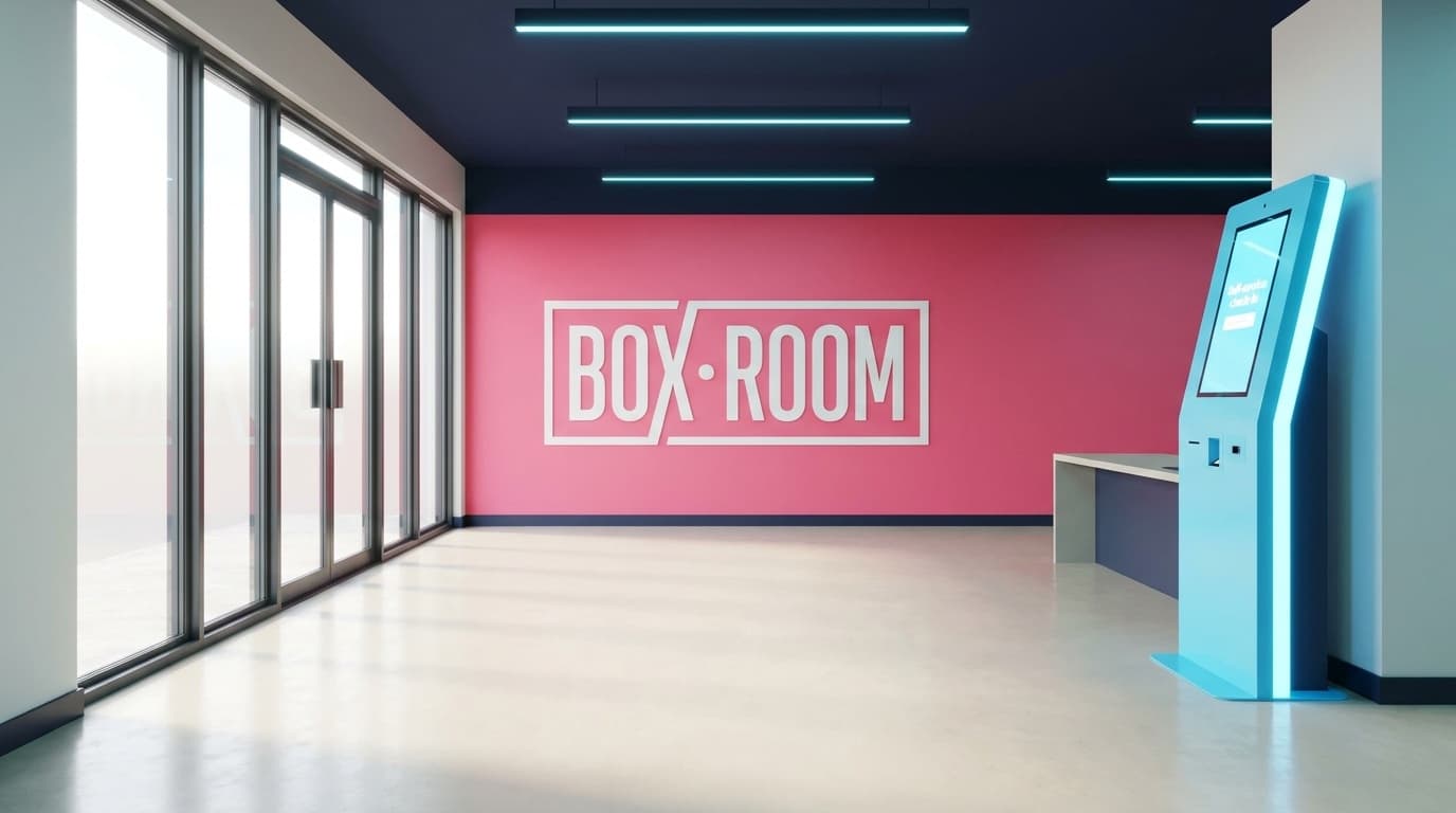 A Boxroom reception — pink BOX·ROOM wall, self-service kiosk and daylight